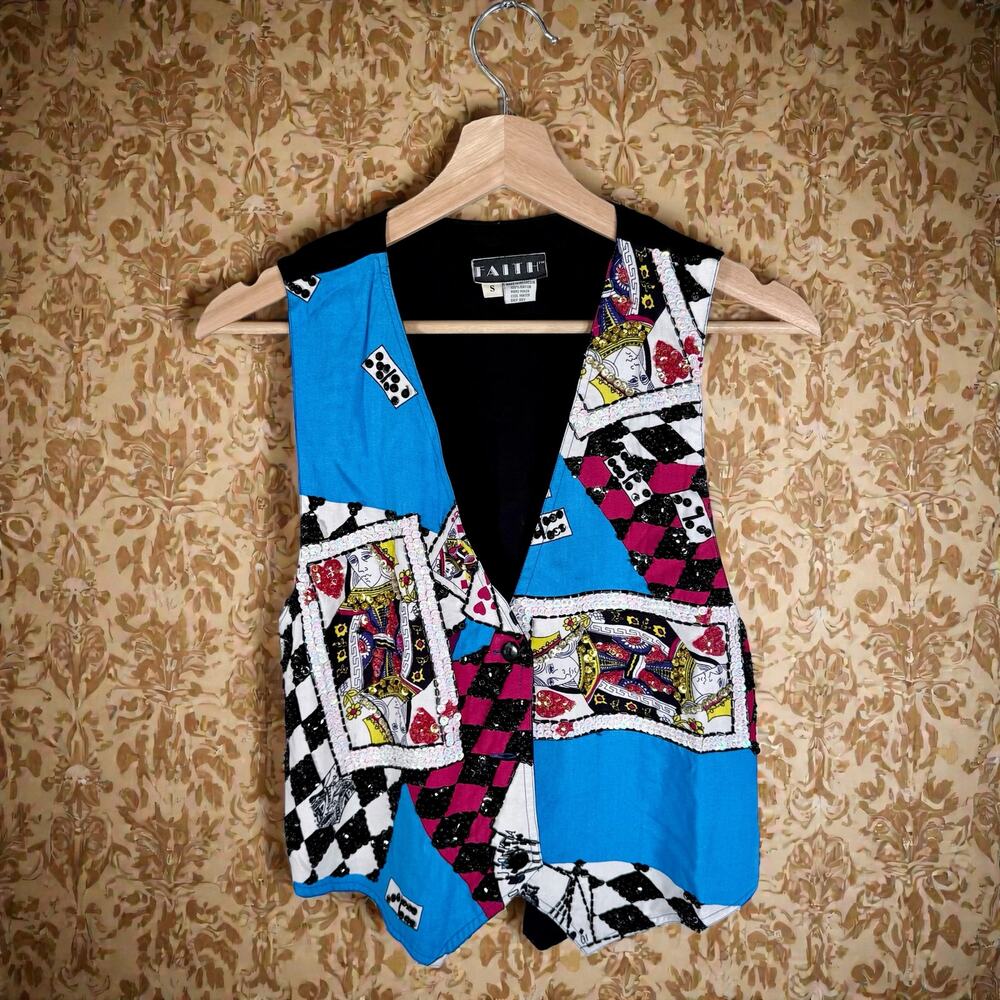 Faith VTG Women's Small Sequined Playing Card Lightweight Button Front Vest